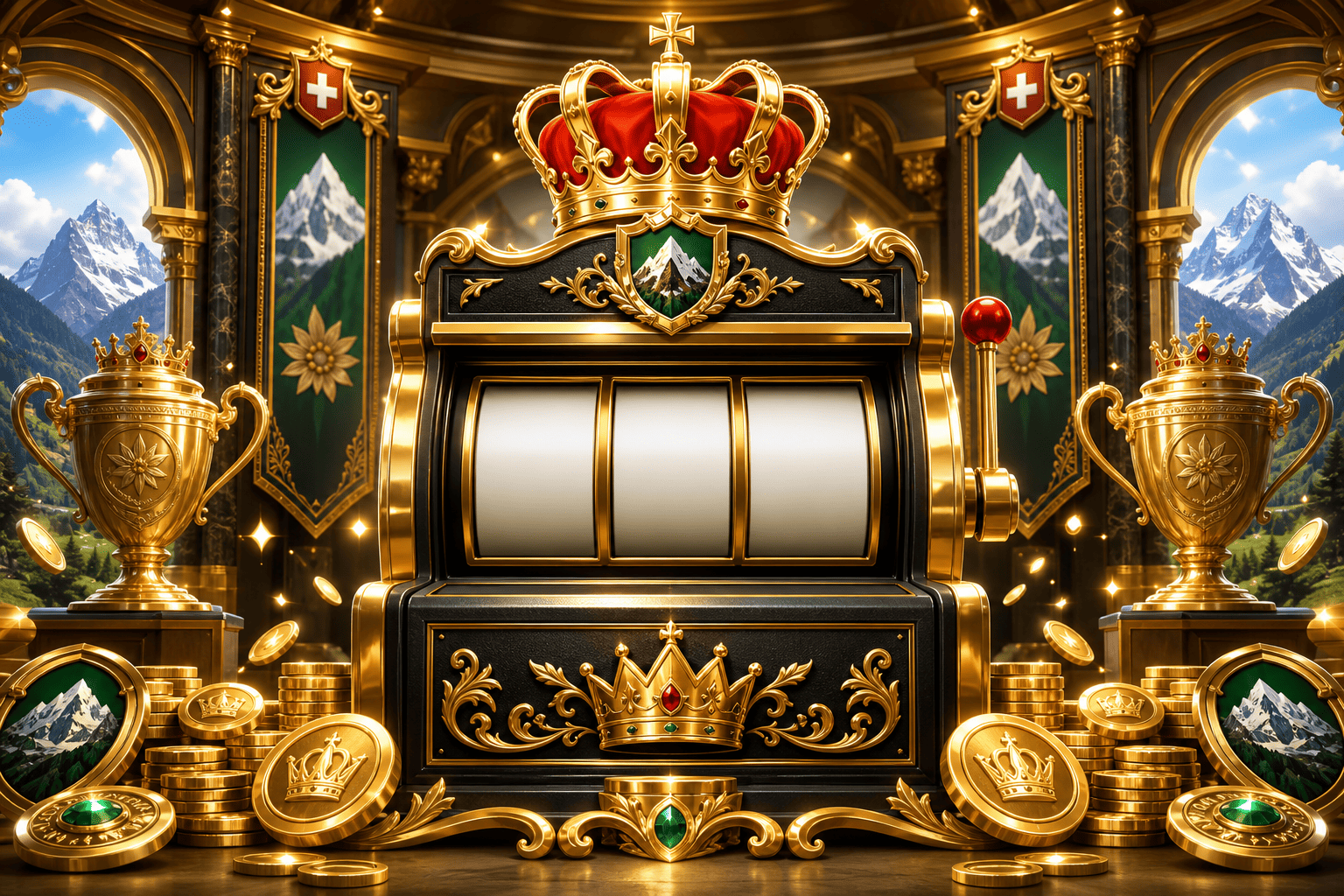 Goldene Slotmaschine mit Kronen und Münzen
