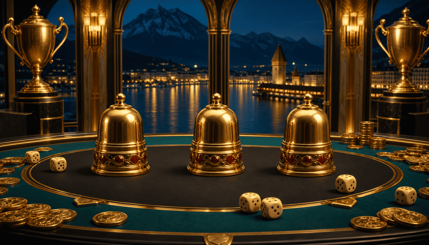 Drei goldene Pokale auf einem Schweizer Casinotisch