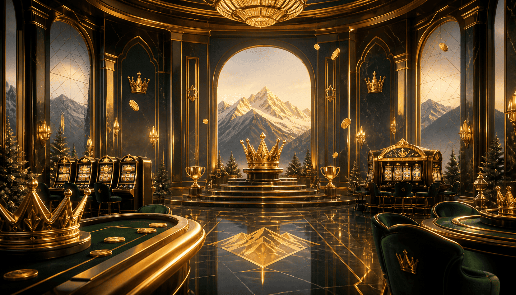 Goldene Schweizer Social-Casino-Lounge mit Kronen, Pokalen und Münzen